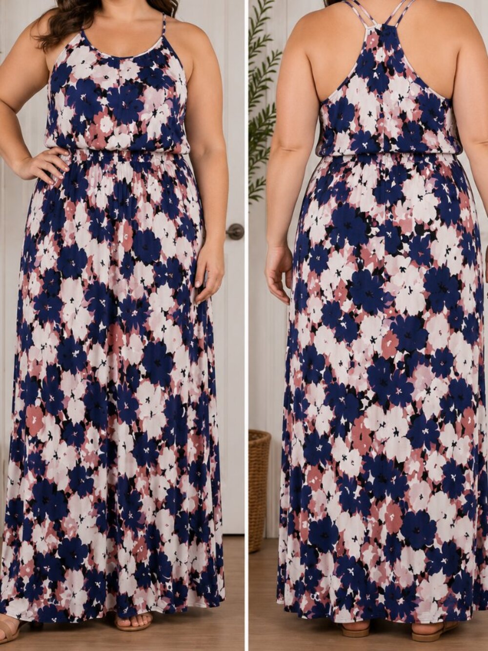 Market & Spruce Navy Blue Pink Floral Maxi Dress
